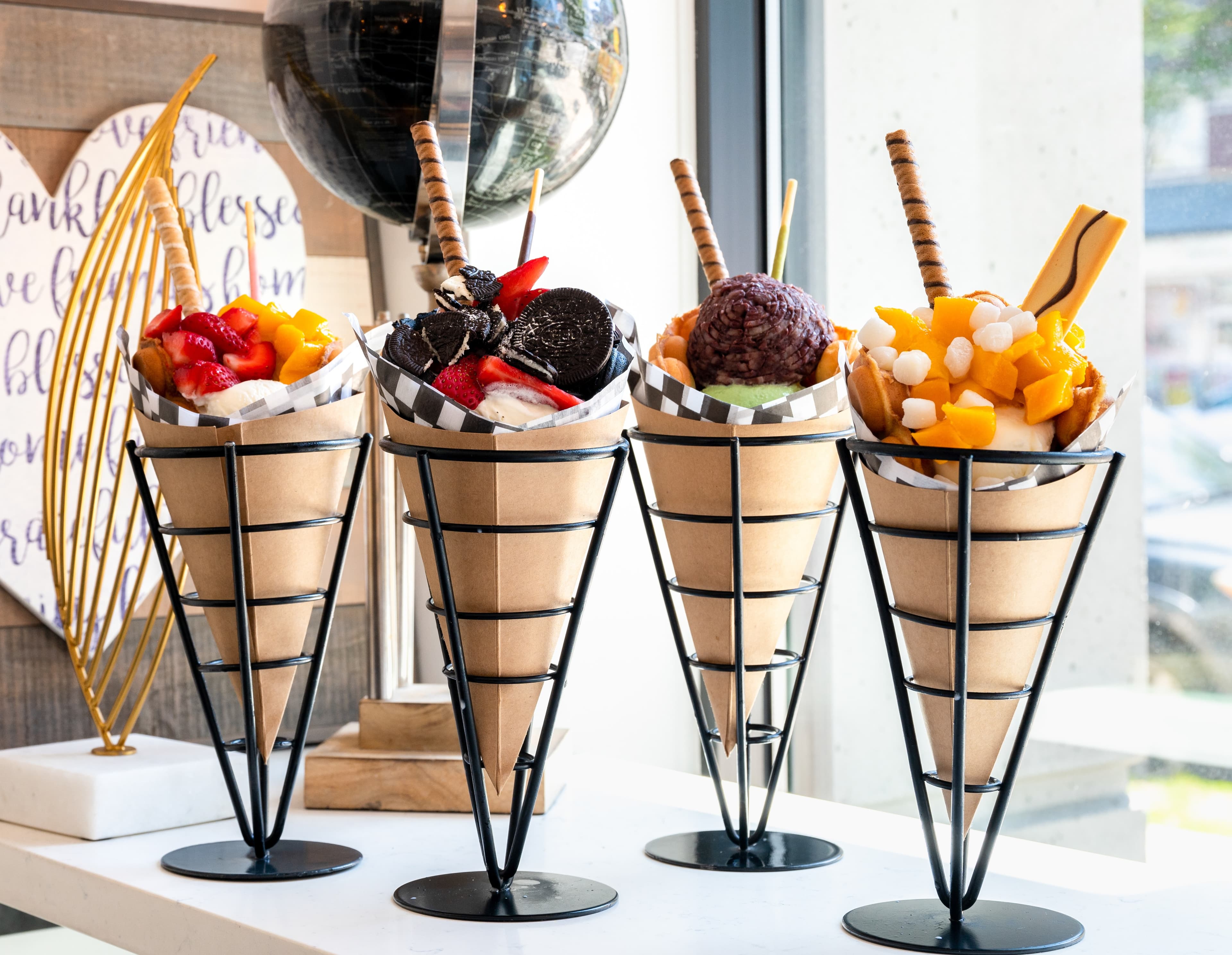 Bubble waffle cone with strawberries, mango, and ice cream at 17˚C Bubble Tea & Dessert Café Vancouver